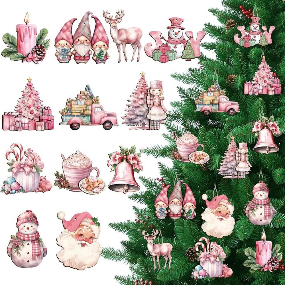 36Pcs Pink Christmas Tree Hanging Ornaments, Wooden Christmas Ornaments for Tree